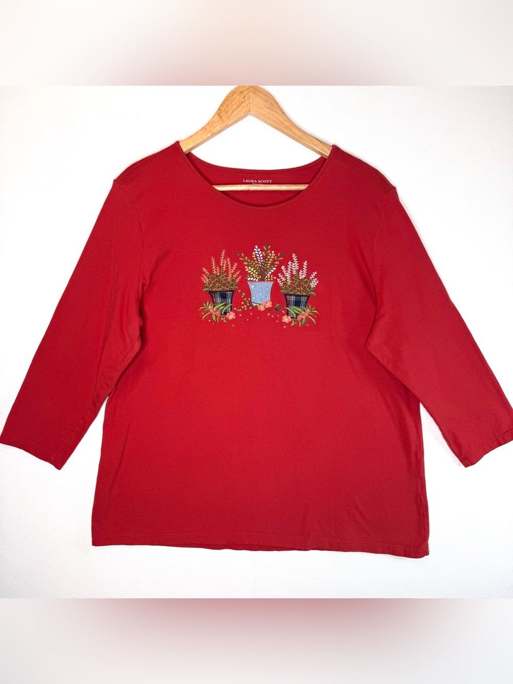 Laura Scott Potted Flowers Embroidered 3/4 Sleeve Top Shirt Sz XL burnt orange‎